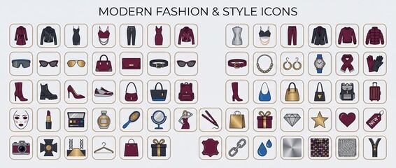 Different fashion and style icons displayed in a grid showing clothing items, accessories, and beauty products for modern trends