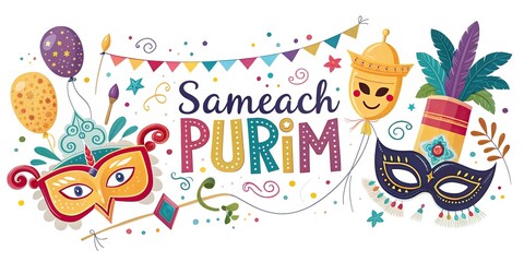 Fototapeta premium Happy Purim festive banner with carnival masks balloons and decorations.