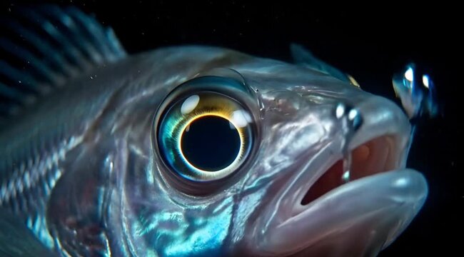 Close Up Eye of Fish in Dark Water Cinematic Undersea Nature Horizontal Video