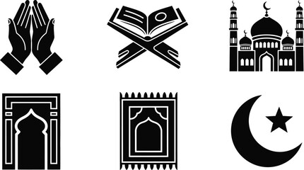 Fototapeta premium Set of six islamic solid icons muslim prayer hands, quran book on stand, mosque, prayer rug, mihrab niche and crescent moon with star