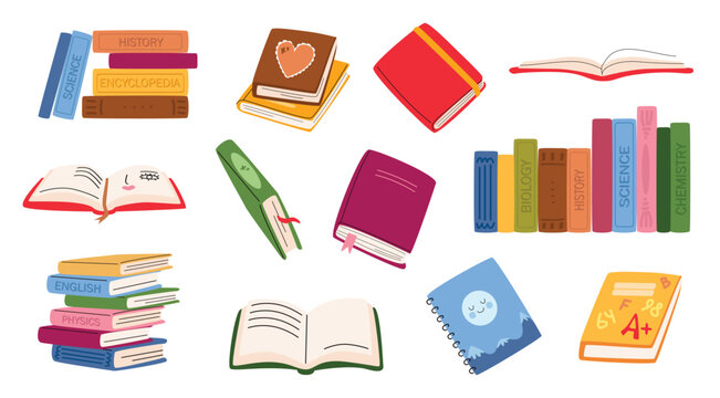 Colorfool book and notebook vector set. Illustration with stacks of books,  school, university isolated on white background. Back to school poster
