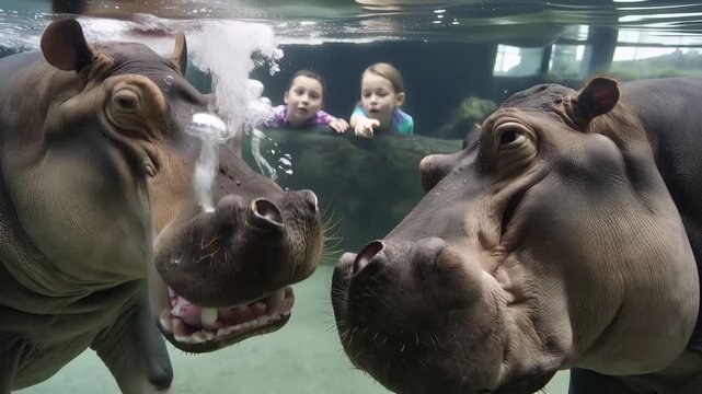 hippopotamus head and shoulder colliding with another hippo, micro bubbles exploding between bodies, thick grey skin folds and pores extremely visible, faint reflections of children 4K