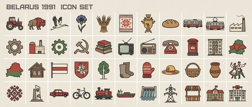 Icon set representing Belarus in 1991 with various symbols of culture, industry, and nature