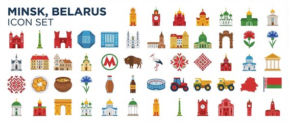 Fototapeta premium Icon set showcasing locations, landmarks, and culture specific to Minsk in Belarus, including various symbols and visual elements