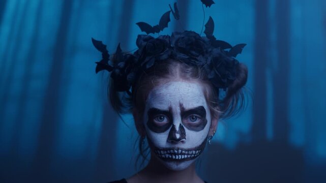 Portrait of little girl wearing skeleton face paint and bat headwear. Child looking at camera with spooky expression creating dark Halloween mood