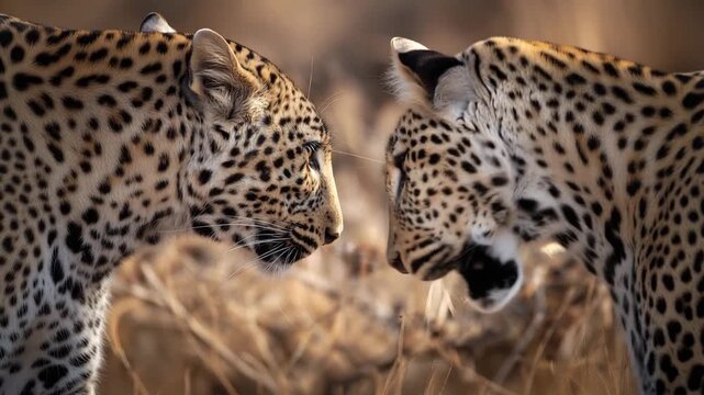 wildlife portrait of two leopards face to face, intense eye contact and visible whiskers 