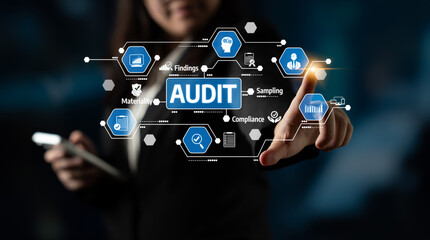A business professional engages with a digital audit concept, highlighting key elements like compliance and sampling, emphasizing the importance of financial oversight. Tessel