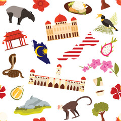 Malaysian cultural icons, landmarks, wildlife, and traditional foods arranged in a seamless repeating pattern, ideal for backgrounds and travel themes, isolated on white background vector illustration © Flash Vector