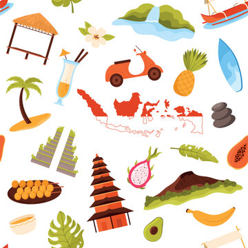 Traditional Indonesian icons, tropical fruits, landmarks, and travel elements arranged in a seamless pattern for cultural and tourism themes, isolated on white background vector illustration