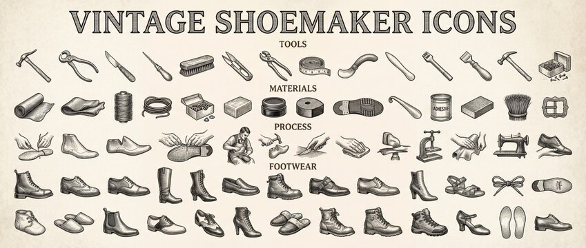 Vintage shoemaker tools and icons showing various materials, process, and types of footwear in one detailed layout from a historical design