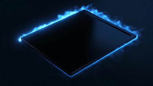 Futuristic glowing frame with blue energy and smoke on dark background