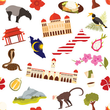 Malaysian cultural icons, landmarks, wildlife, and traditional foods arranged in a seamless repeating pattern, ideal for backgrounds and travel themes, isolated on white background vector illustration