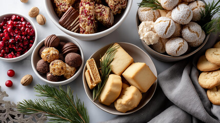 Fototapeta premium Festive cookie exchange party with friends featuring assortment from around world, delicious representation different cultures traditions, culinary diversity celebration, with