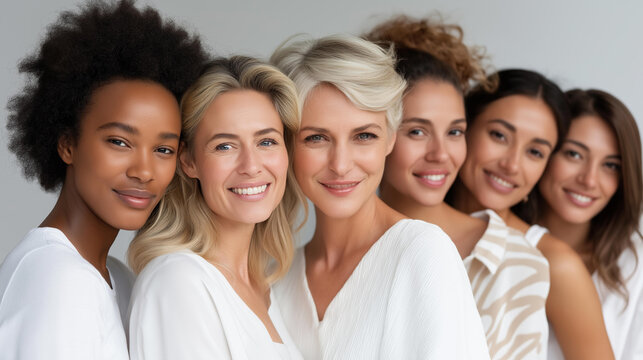 Diverse group of women multi-ethnic with different hairstyles skin tones, studio setting pose together, multicultural female representation, with copy space