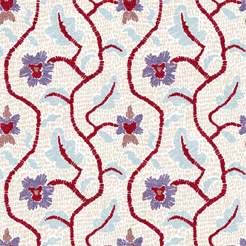 Seamless floral ornamental pattern. Hand drawn winding branches with stylized blossoms. Soft vintage colors on textured background. Vector illustration for textile and decor.