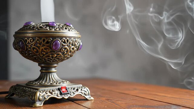 Ornate metal incense burner featuring purple accent stones on wooden surface