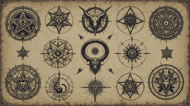 Mystical pentagram symbols collection with esoteric iconography, Baphomet goat head, and magical elements for spiritual and occult design