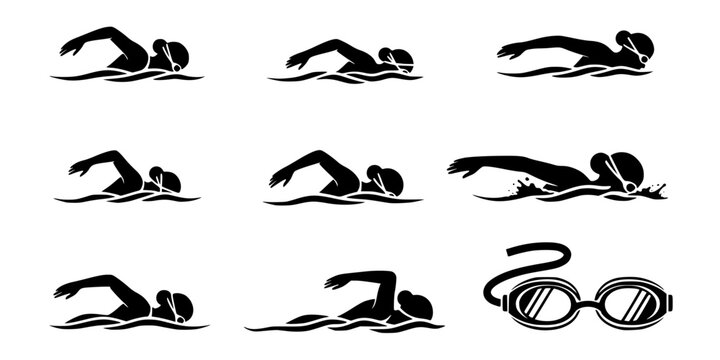Swimming silhouettes, Swimmer silhouette, Woman swimming silhouette, Swimmer svg, Backstroke swimmer silhouette, Swimming svg, Swimming goggles silhouette, Swimmer icon bundle