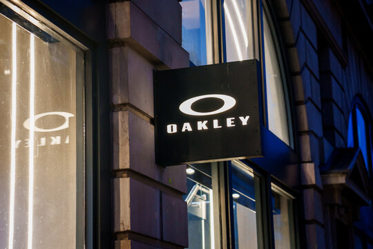 LONDON, UK. 15th February. Oakley company logo on store. Oakley is an American company, which designs, develops and manufactures sports performance equipment.