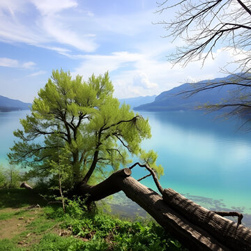 Alberi con fogliame verde da cui si intravvede l'azzurro del lago