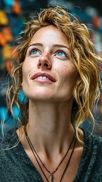 Portrait of a Beautiful Young Woman with Curly Hair Looking Up.