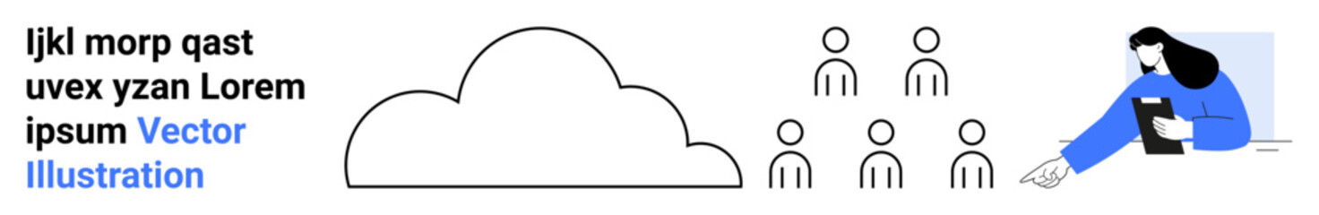 Digital collaboration, online education, cloud storage, user management, teamwork, data sharing. Cloud with group of people and figure pointing to a device. Collaboration and online education concept