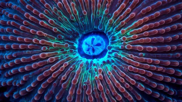 Coral in Blue Light: A close-up view unveils the intricate detail of a vibrant coral, its delicate structure illuminated by ethereal blue light.