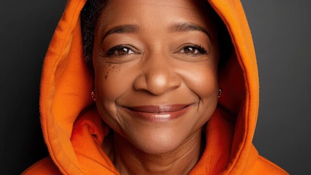 Smiling Portrait in Orange: A warm, inviting portrait of a woman radiating a gentle smile, enveloped in an orange hoodie, and conveying a sense of serenity.