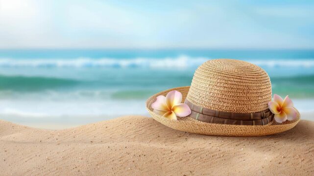 Sun Hat Serenity by the Sea: A straw hat adorned with delicate flowers rests on the warm, sandy beach, overlooking the boundless ocean on a bright, sunny day. evokes a sense of relaxation, peace.