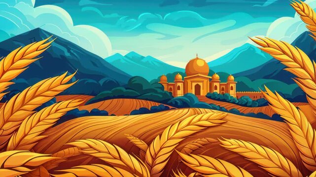 Golden Wheat Fields: A stunning landscape features golden wheat fields leading to a majestic building under a bright blue sky with gentle clouds.