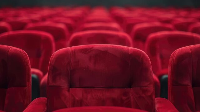 The Empty Theater: Rows of plush red theater seats stand in anticipation, creating a sense of quiet expectation, perfect for any cinematic experience.