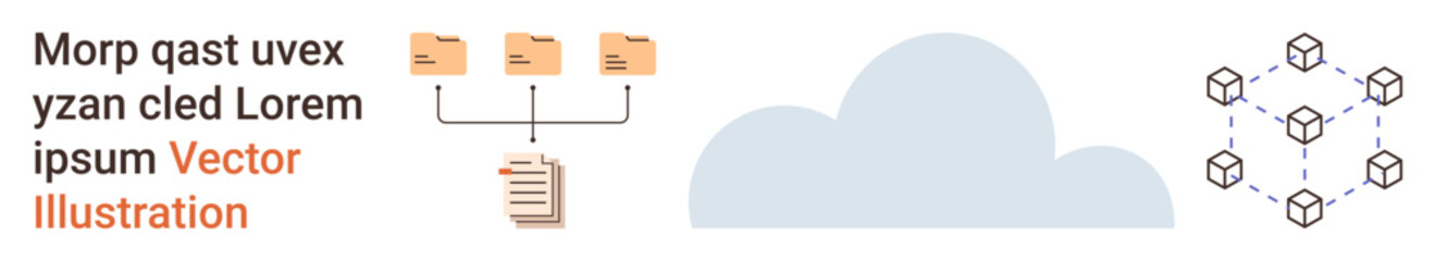 Cloud computing, data storage, digital communication, network sharing, remote access, technology solutions. Icons of folders, cloud and connected cubes. Cloud computing and data storage
