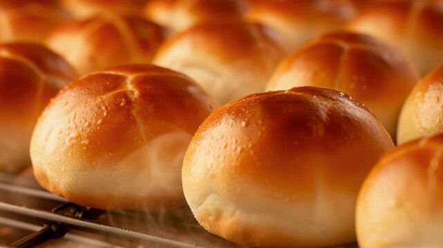 Golden Baked Rolls: A close-up showcases a collection of perfectly golden-brown baked rolls, arranged in a visually pleasing pattern, their texture hinting at a soft, inviting interior.