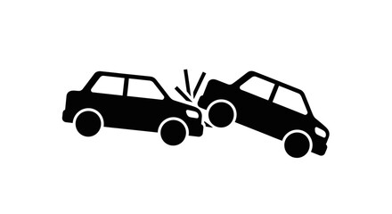 Fototapeta premium Black silhouette icon of two cars in a head-on collision or accident, isolated white background.