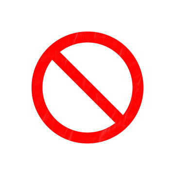 Red prohibition symbol with crumpled texture isolated on white background, forbidden or no entry sign icon.
