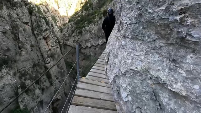 Seguimiento de hombre avanzando por tramo estrecho de la pasarela de Relleu