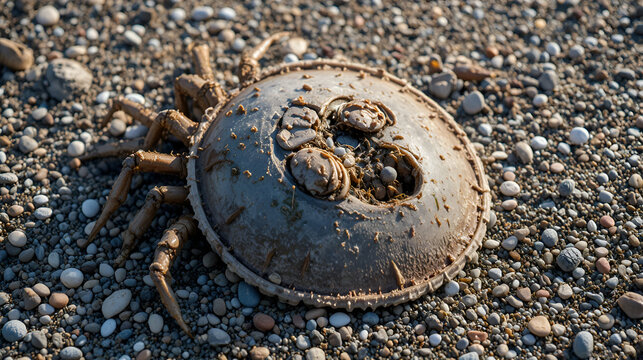 Dead horseshoe crab on beach Duck Harbor Beach Wellfleet Massachusetts
