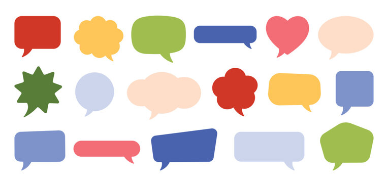 Various colorful flat speech bubbles in different shapes including heart, cloud, star, and rectangle for communication, dialogue, and message concepts isolated vector illustration