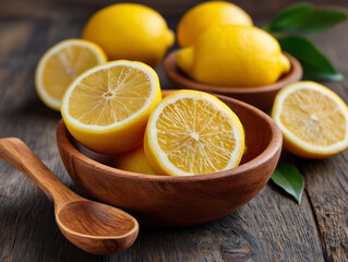 Sliced lemon in wooden bowl with whole lemons in background