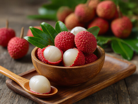 Sliced lychee in wooden bowl with whole lychies in background