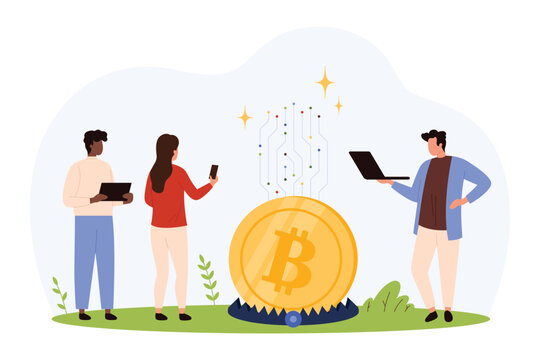 Three people with digital devices stand near a large bitcoin coin caught in a bear trap, symbolizing cryptocurrency investment risk and digital finance uncertainty isolated vector illustration