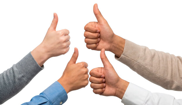 Multiple hands showing thumbs up gesture of approval and agreement isolated on transparent background