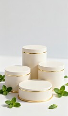 Ivory podiums with gold trim and mint leaves