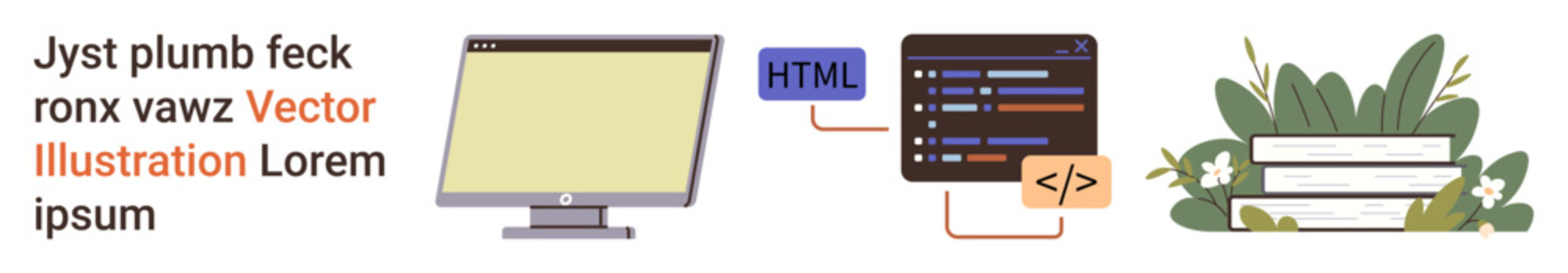 Web design, coding, digital tools, learning, online education, and technology. Monitor, code editor and books with plants featured. Web design and coding development concept