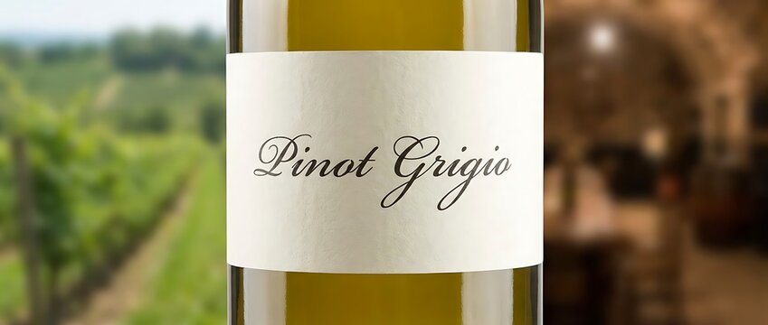 White wine bottle label with Pinot Grigio script text