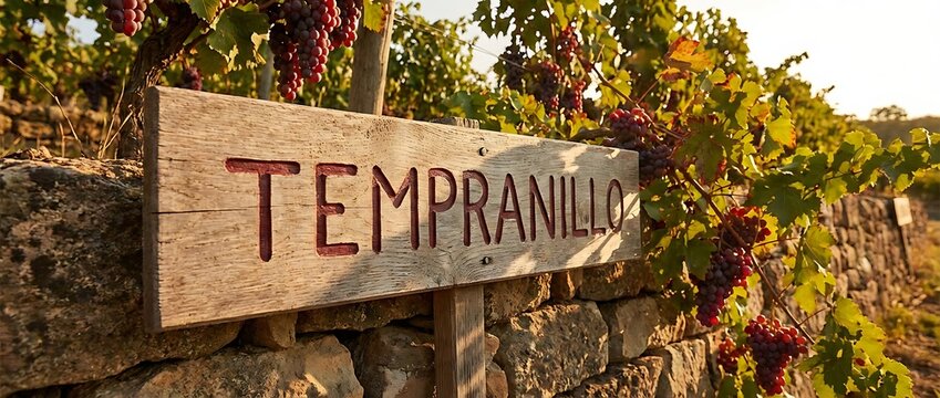 Wooden Tempranillo Sign in a Sunlit Vineyard with Grapes