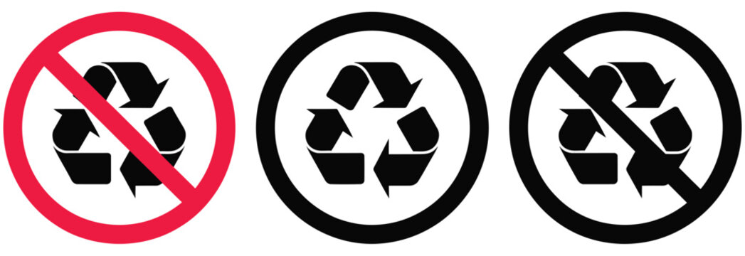 Recycle and no recycling vector icon, not allowed sign on grey background, ideal for waste disposal rules, environmental protection, prohibited actions