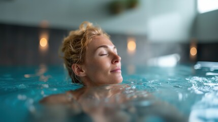 Obraz premium Beautiful blonde woman relaxing in a luxury spa pool with eyes closed.
