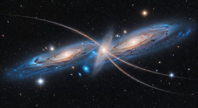 Two spiral galaxies colliding in deep space, high detail cosmic event