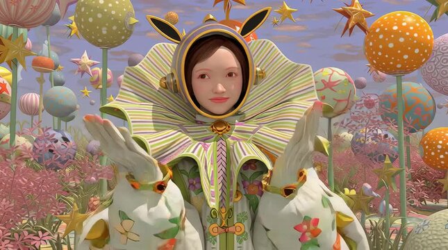 Una figura femenina sentada en un jard&iacute;n surrealista de globos y estrellas.